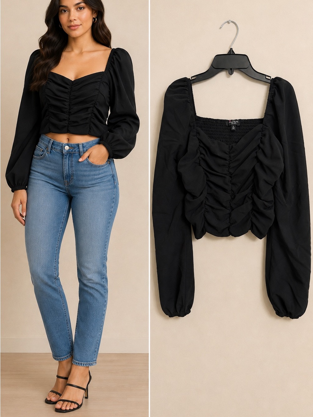 Mixed Treaty Los Angeles Black Ruched Puff Sleeve Crop Top Women’s Size L